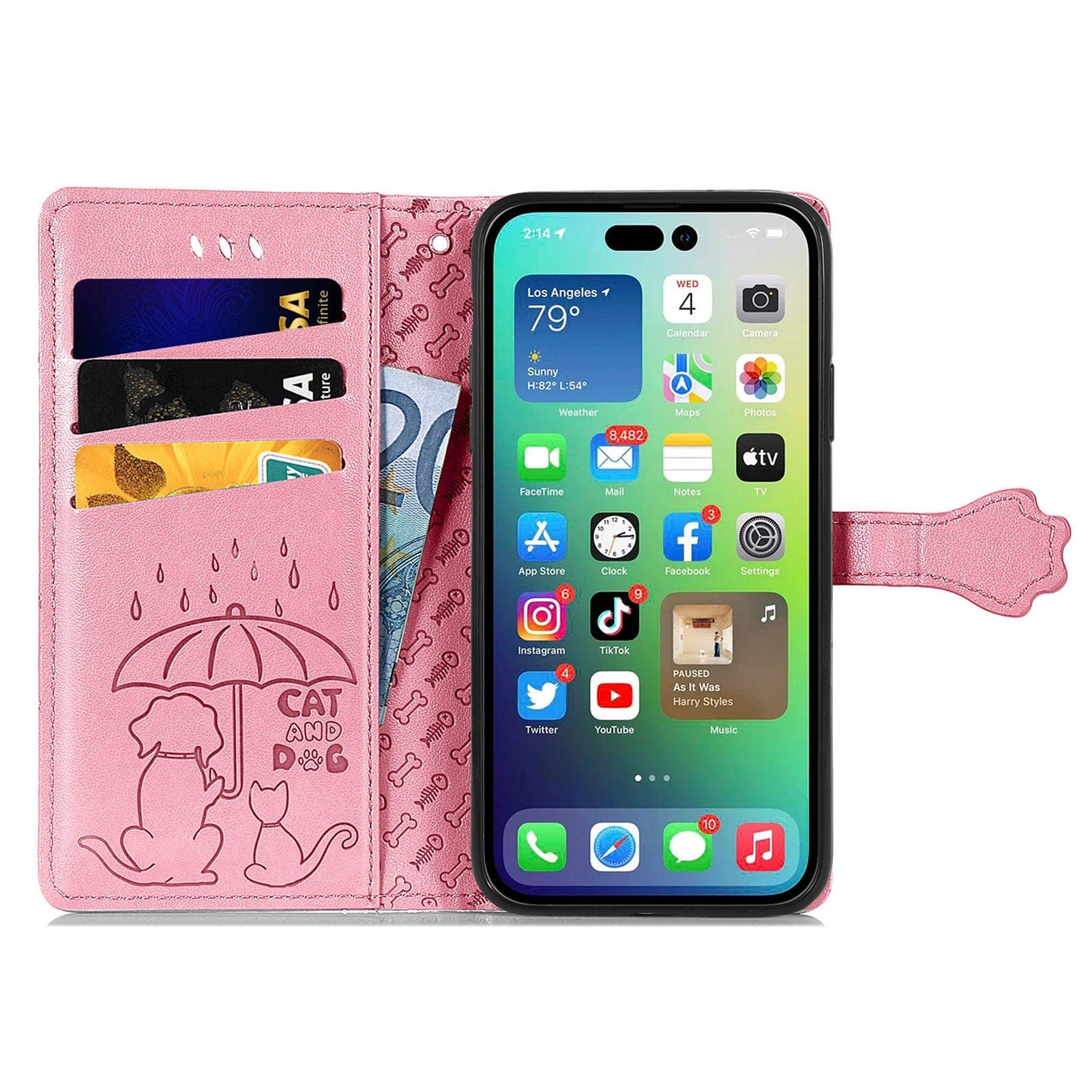 A pink iPhone 16 Pro Max Wallet Case with Cute Cat and Dog Embossed Design, made from PU leather, featuring card slots and a cash pocket. A smartphone with apps on the home screen is placed inside the flip cover.