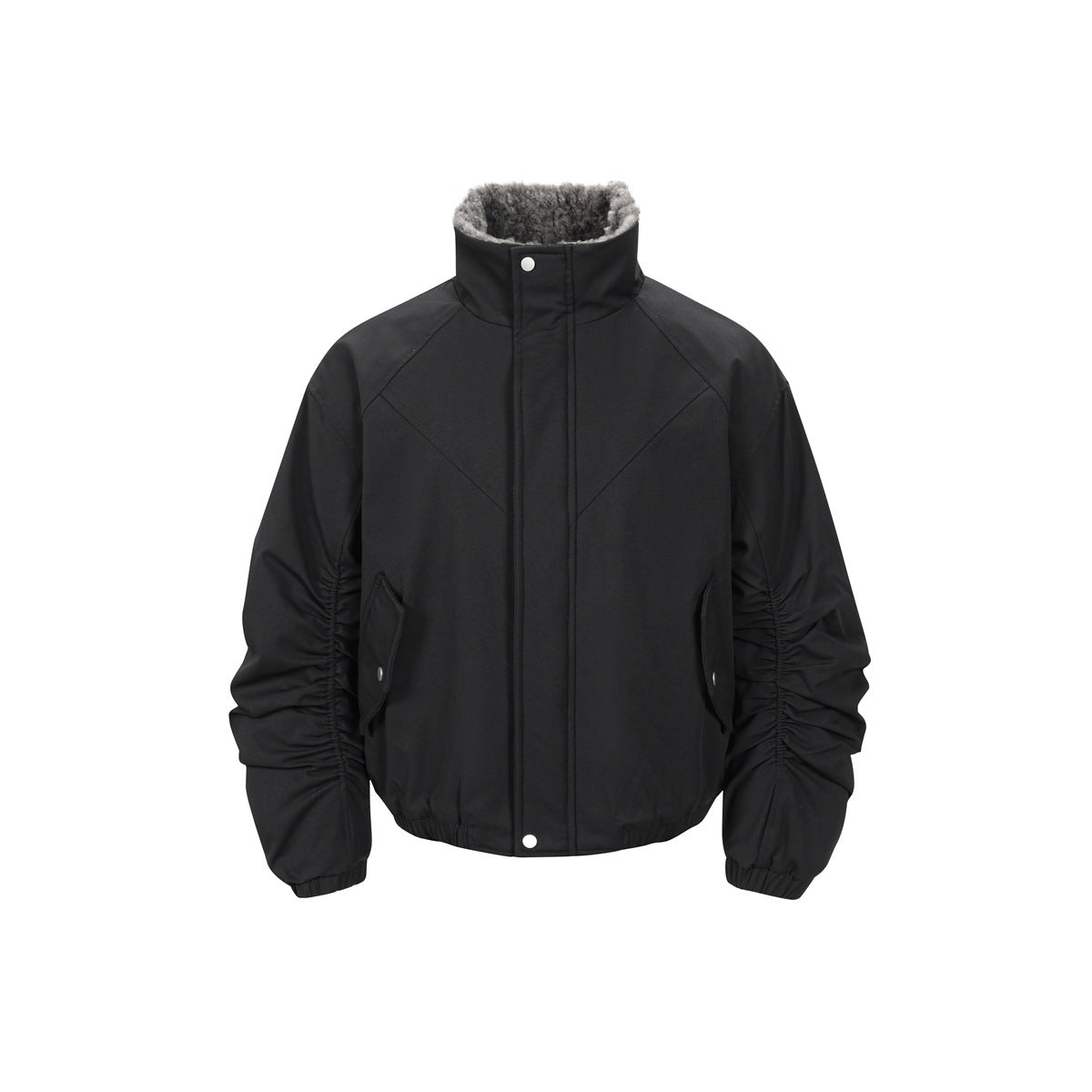 Black stand-collar jacket flat front view with zip placket, flap pockets, ruched sleeves and gray pile collar lining