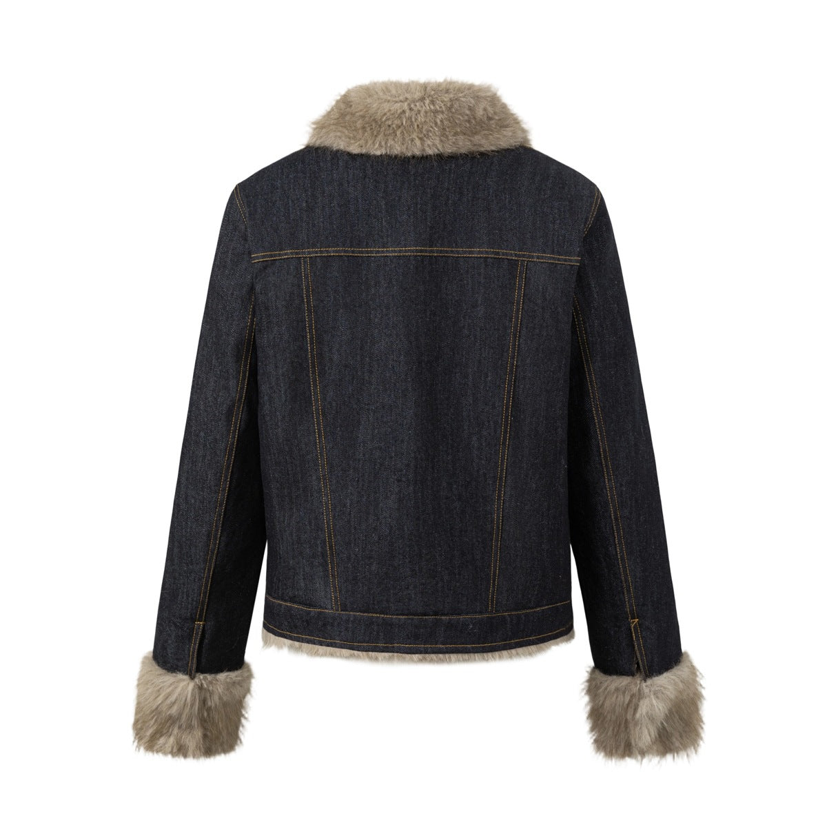 Back view of dark blue denim-style jacket with golden topstitching, plush fur-like collar and cuffs, and plush inner hem edge