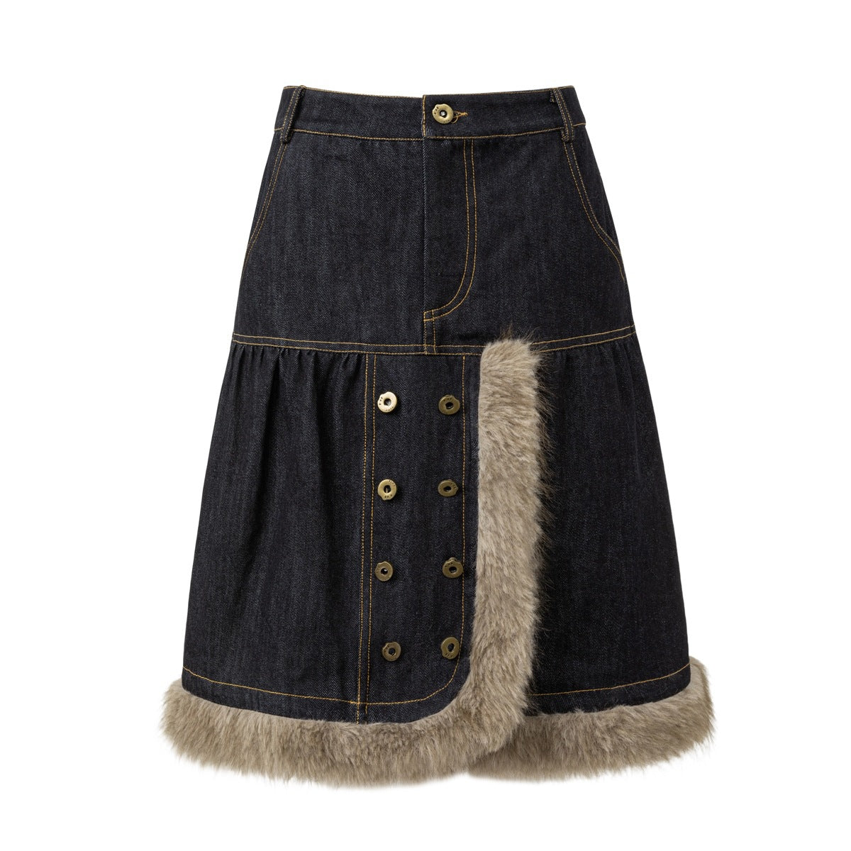 Front of dark indigo denim A-line skirt with fur-like hem trim, curved panel edge and two columns of gold buttons