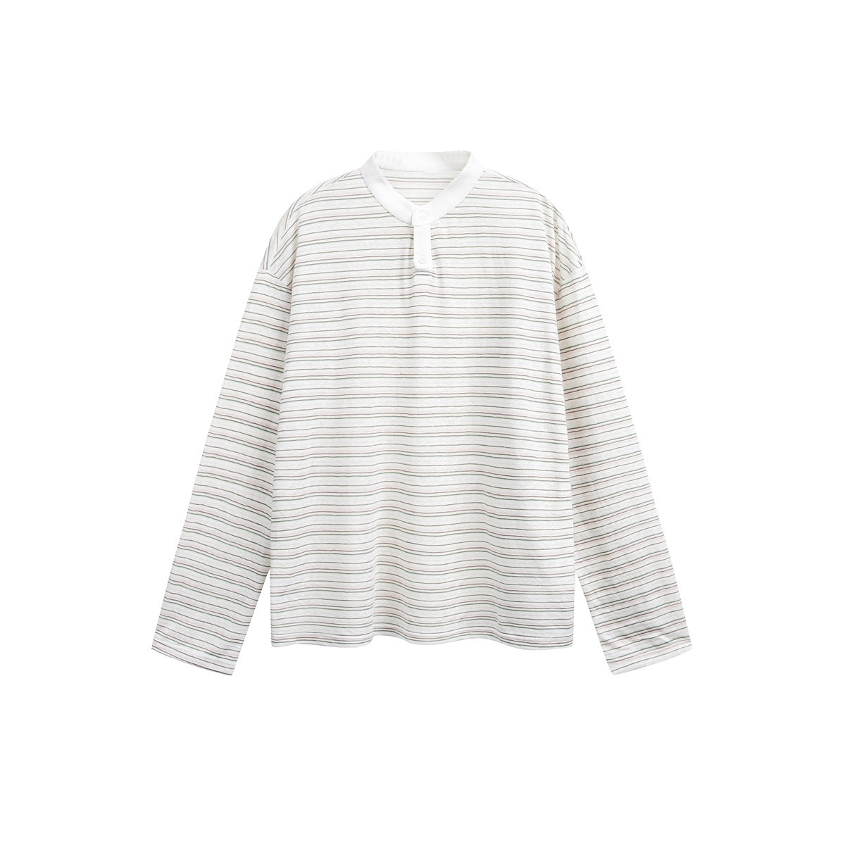 Off-white long-sleeve Henley top with thin beige, pink and green horizontal stripes and a white ribbed collar, flat lay