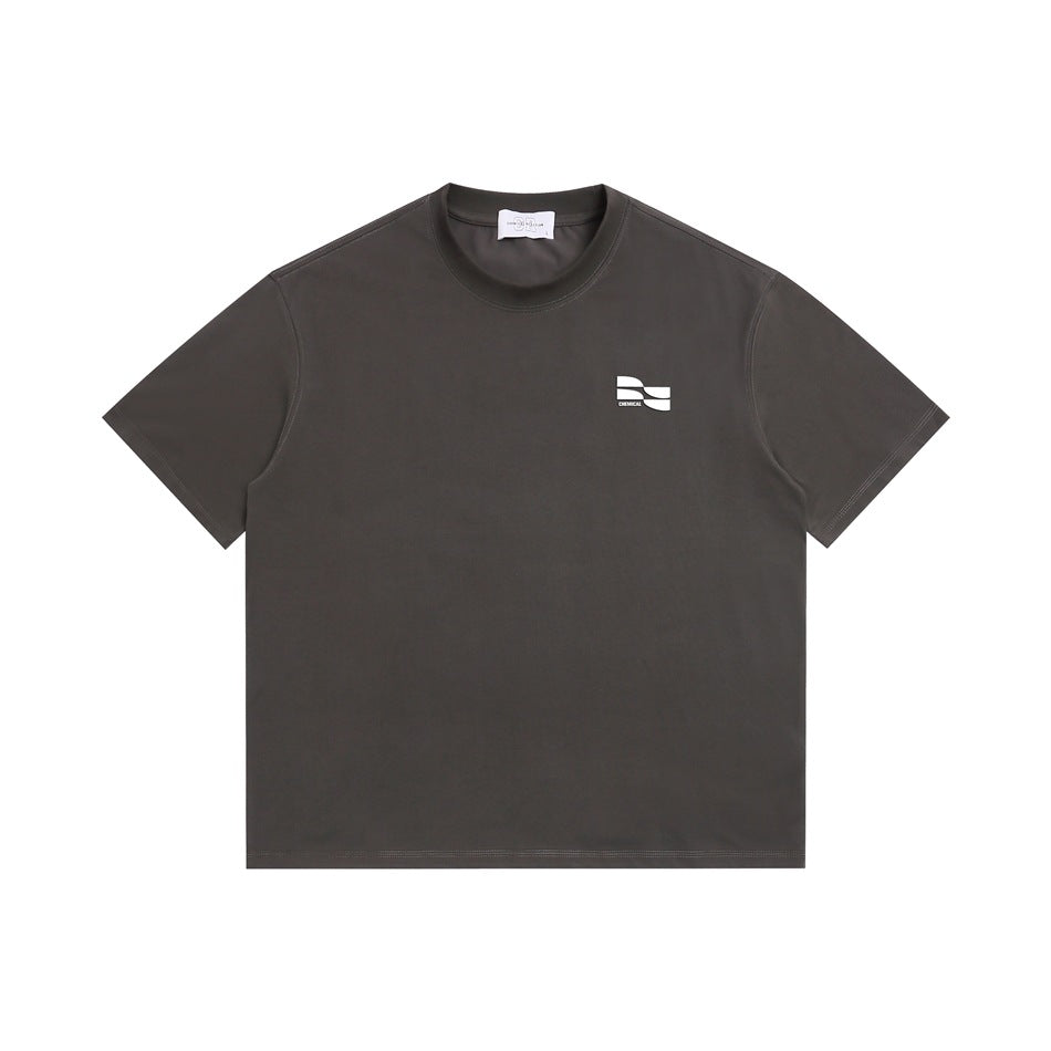 Dark gray short-sleeve crew neck T-shirt flat lay with a small white wave logo and CHEMICAL text on the left chest