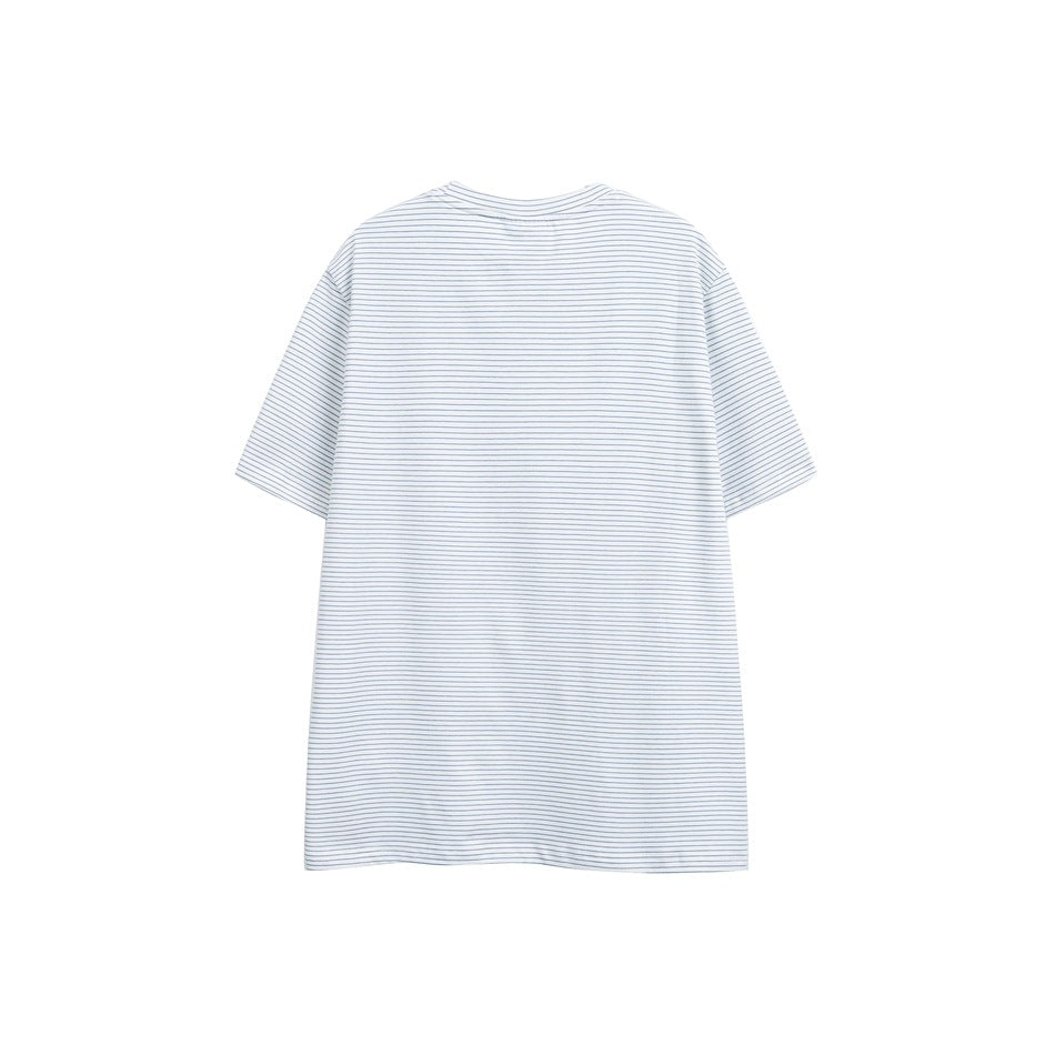 Back view of a white short-sleeve T-shirt with fine blue horizontal stripes, shown flat against a white background.