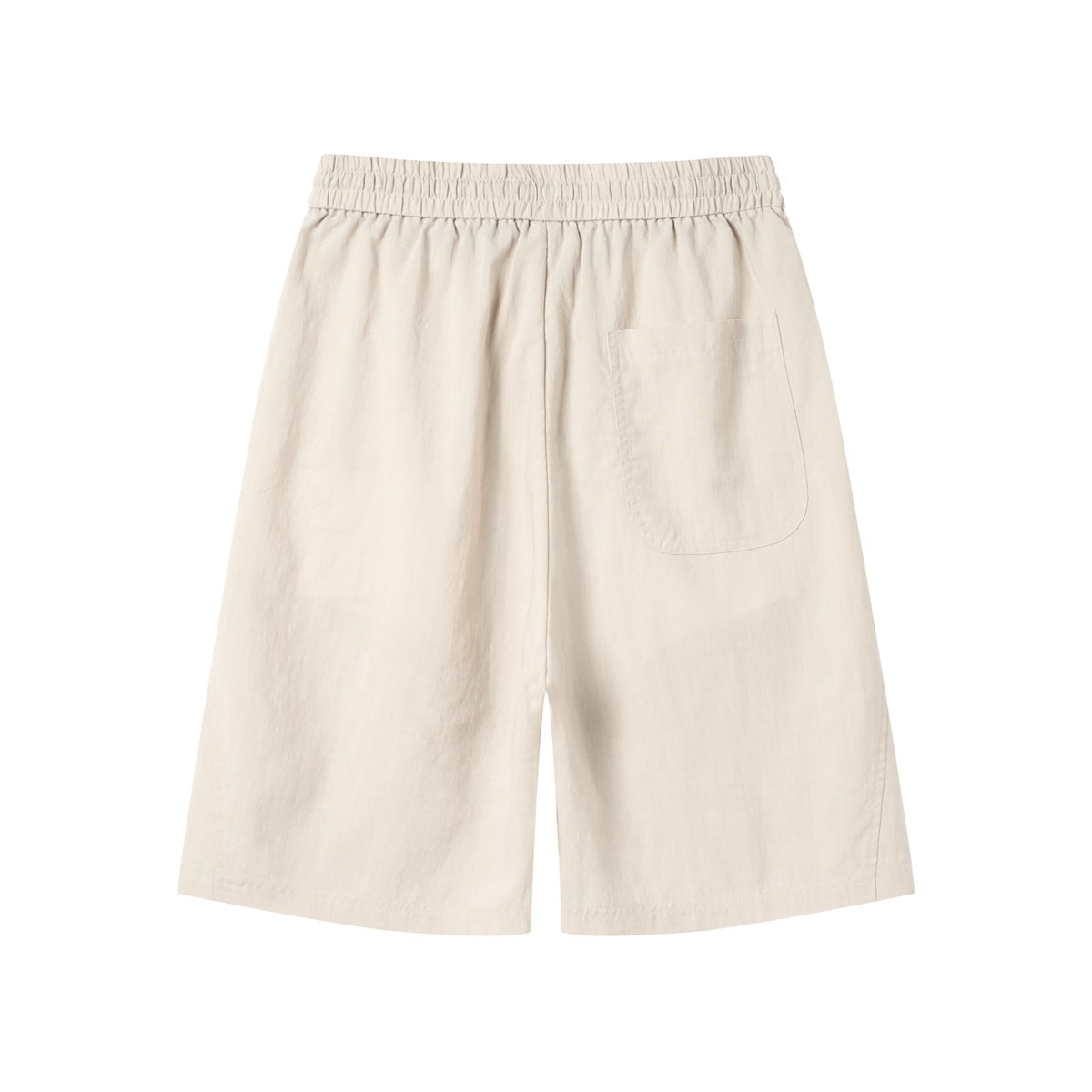 Back view of beige knee-length shorts with elastic waistband and a patch pocket on the right