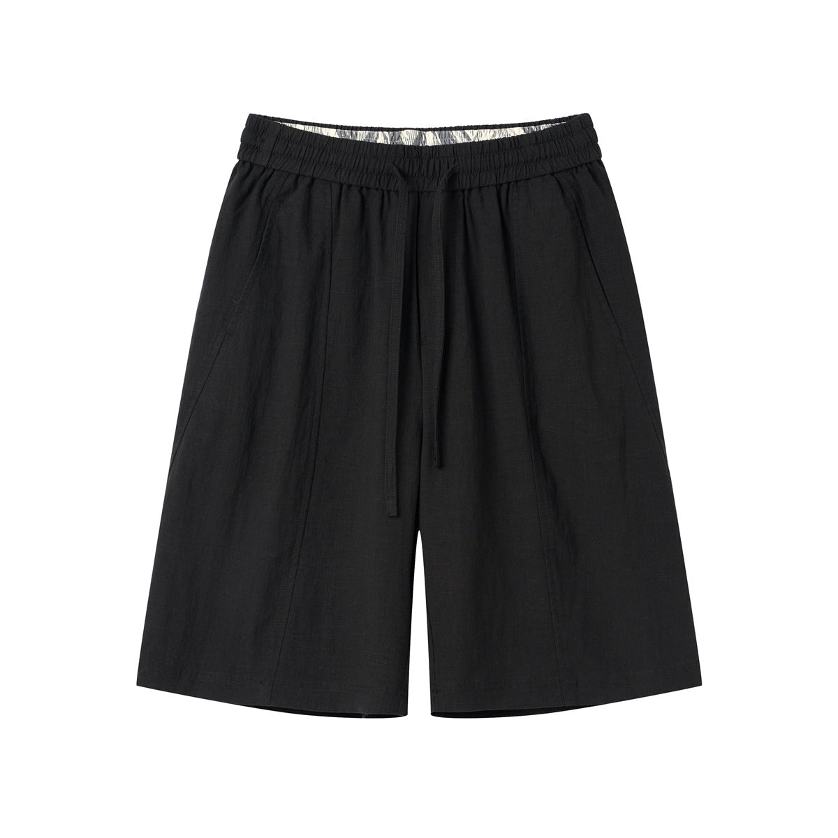 Black knee-length drawstring shorts with elastic waistband and slanted side pockets, front flat lay