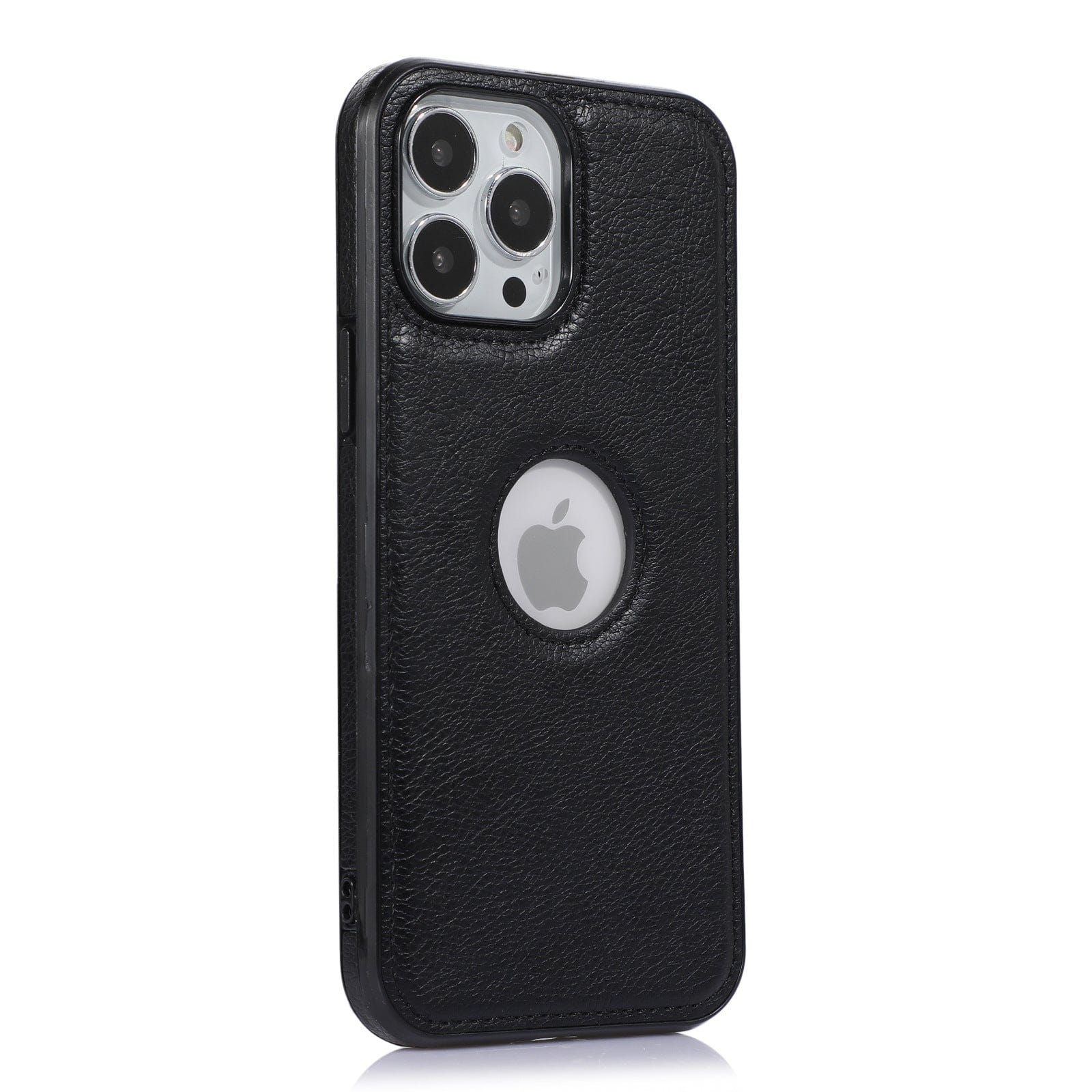 This sleek iPhone 16 Pro Max Case - Premium Synthetic Leather, Shockproof, Anti-Fingerprint Protective Cover features a circular cutout revealing the Apple logo on the back. The design perfectly accommodates three rear camera lenses for a seamless look.