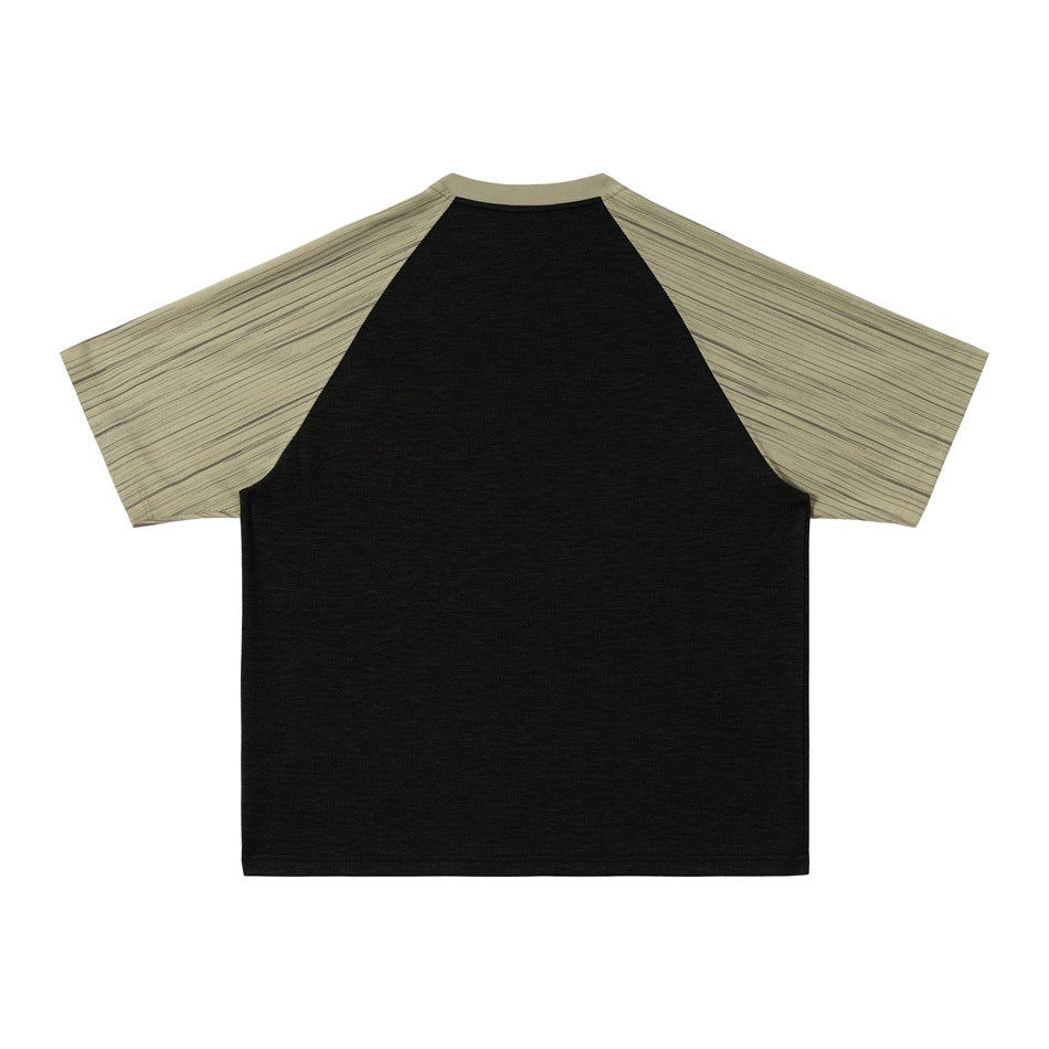 Back view of black raglan T-shirt with khaki streaked sleeves and matching collar trim