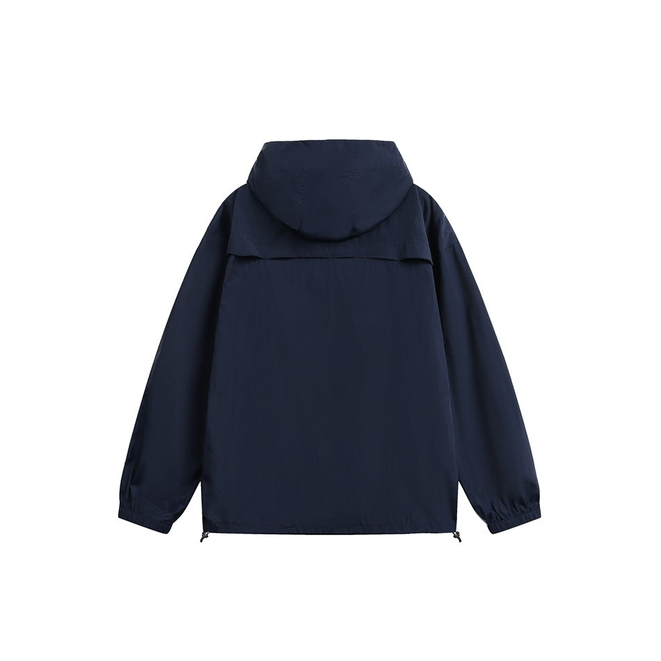 Back view of a dark navy hooded jacket with elastic cuffs and adjustable hem cords on a white background.