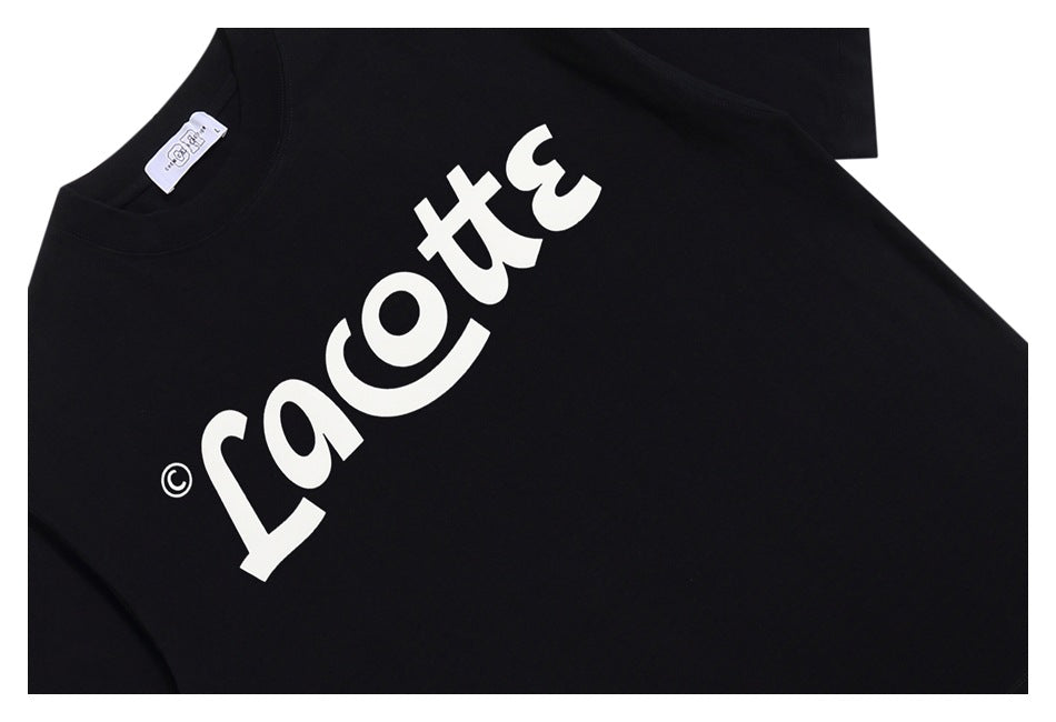 Close-up of the black T-shirt's front with a large white stylized graphic.