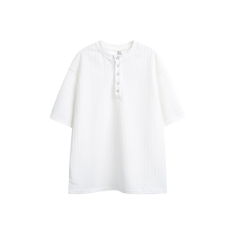 White short-sleeve Henley T-shirt with vertical ribbed texture and five snap buttons, flat front view