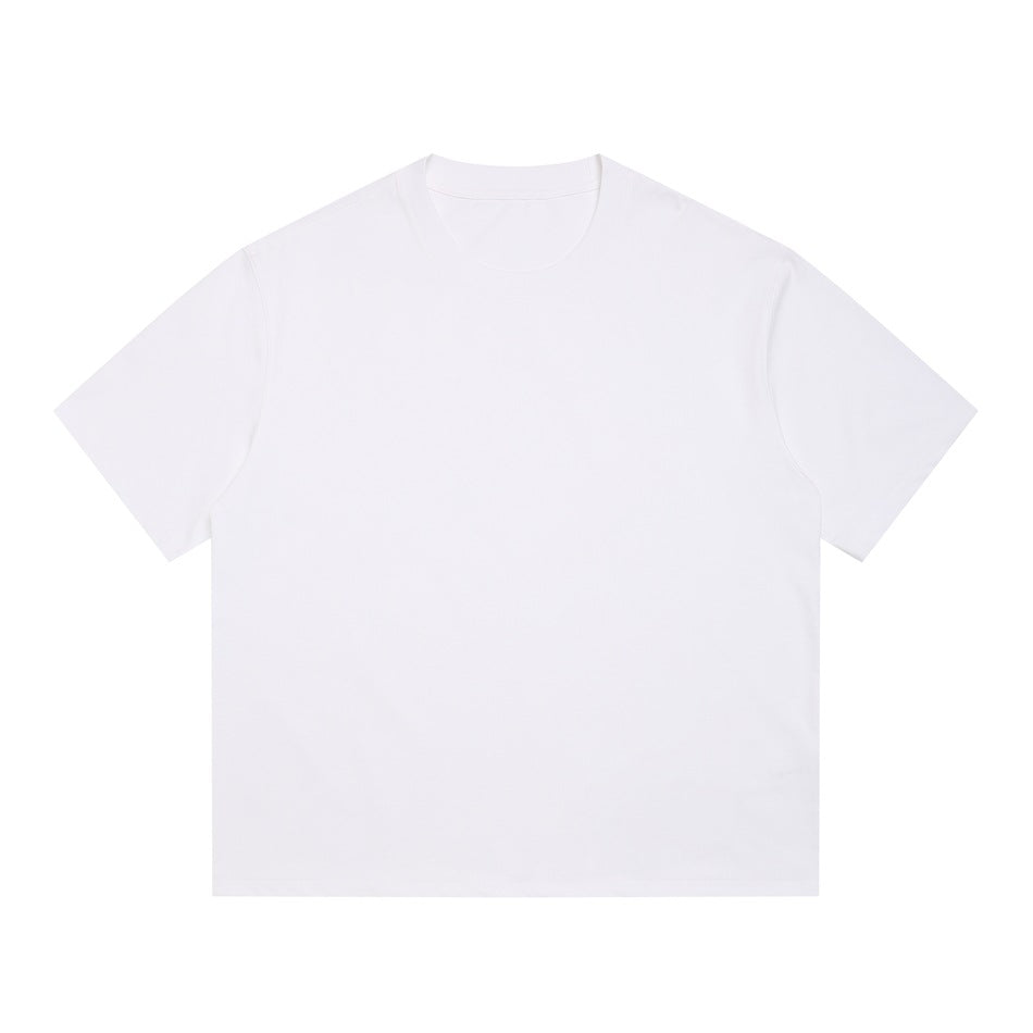 White short-sleeve crew neck T-shirt, flat front view on a white background
