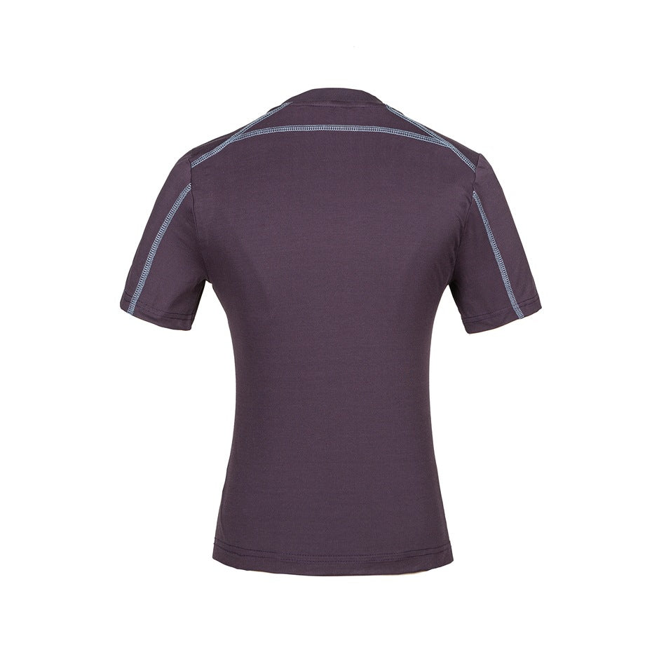 Back view of a plum short-sleeve shirt with light contrast stitching across the shoulders and sleeves.