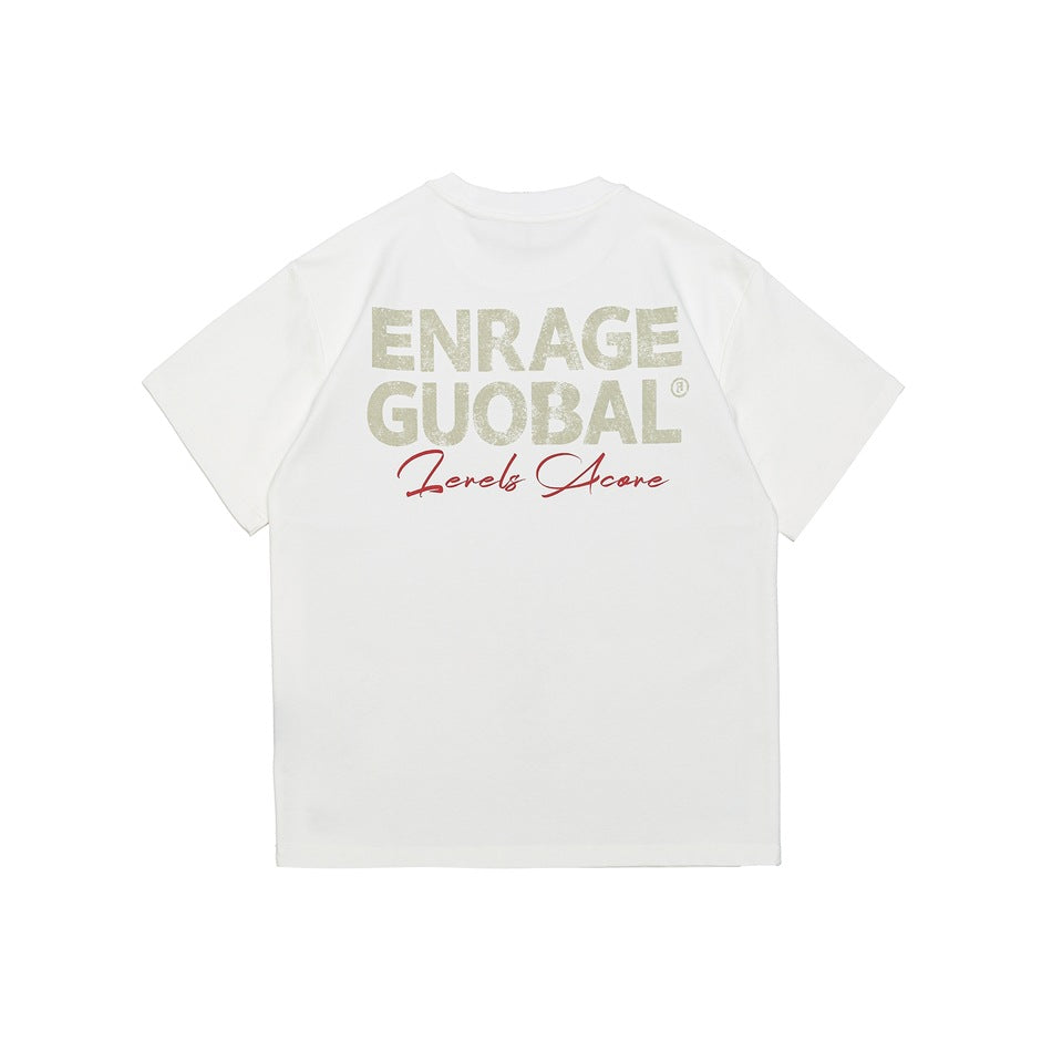 White short-sleeve T-shirt back with large distressed ENRAGE GUOBAL print and red script lettering