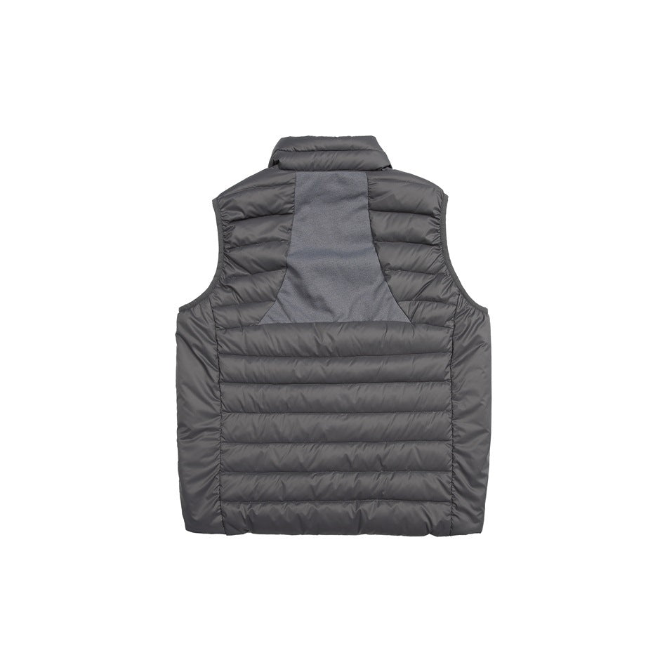 Rear view of a charcoal gray quilted sleeveless vest with a raised collar and contrasting center-back panel.