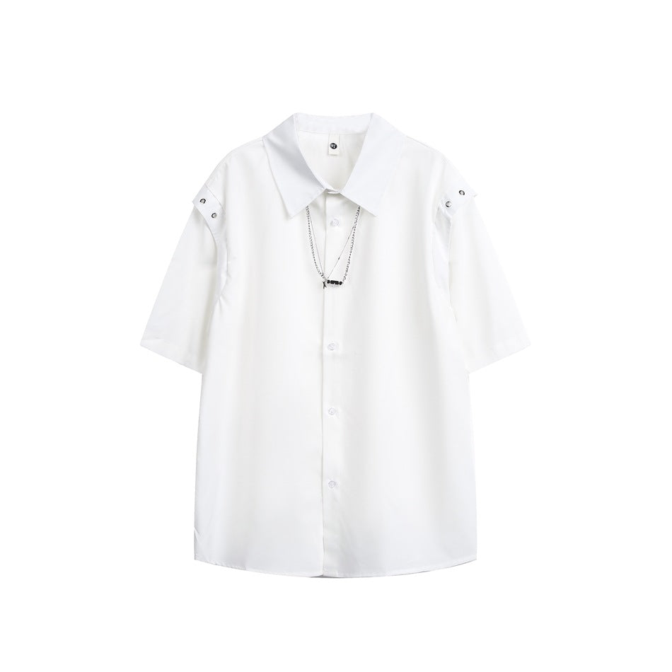 White short-sleeve button-up shirt with shoulder snap panels and a layered silver chain at the placket, flat front view