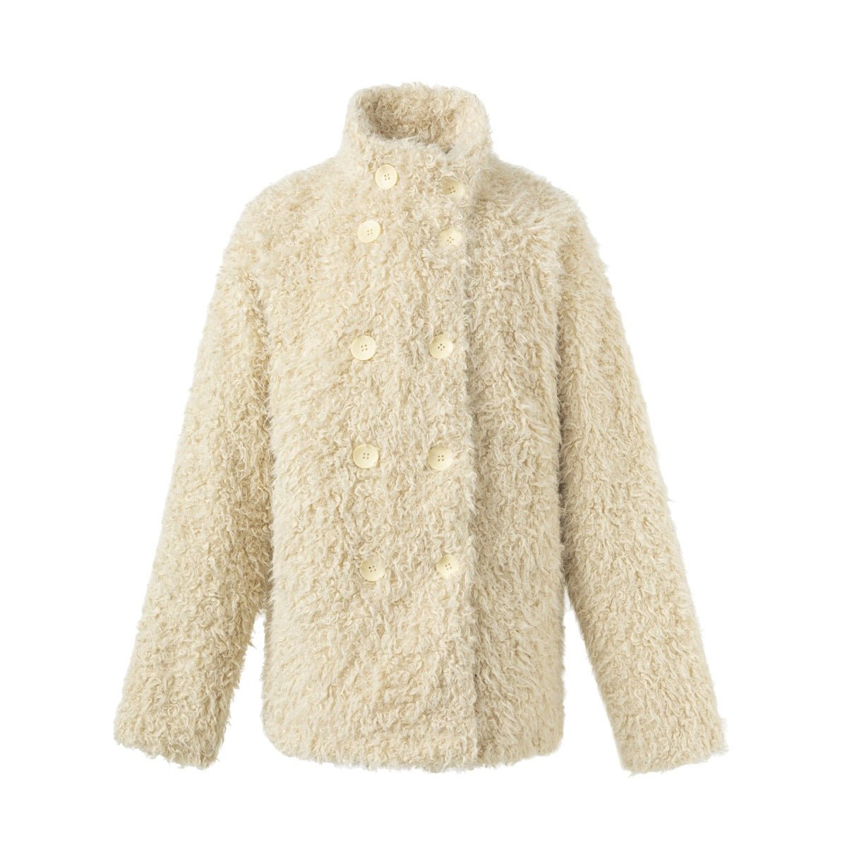 Cream double-breasted jacket with stand collar and curly fleece-like texture, shown flat from the front with light buttons