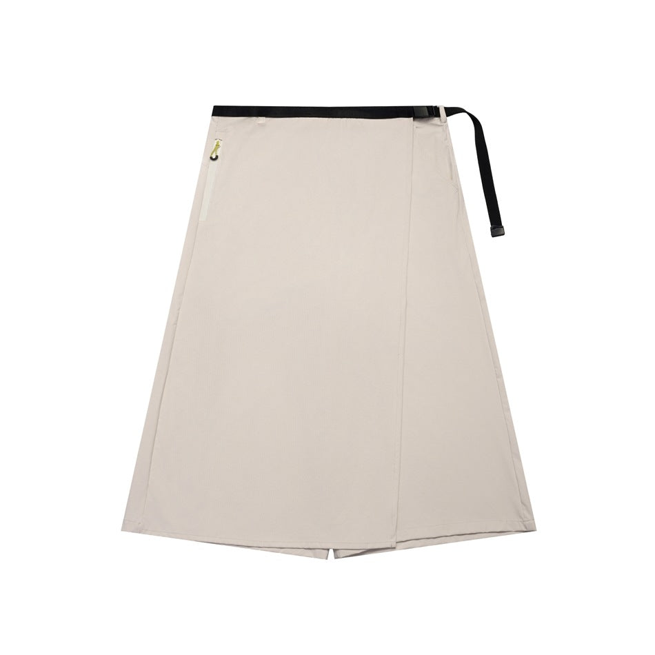 Light gray-beige wrap-style A-line midi skirt with black buckle belt and zip pocket, flat view