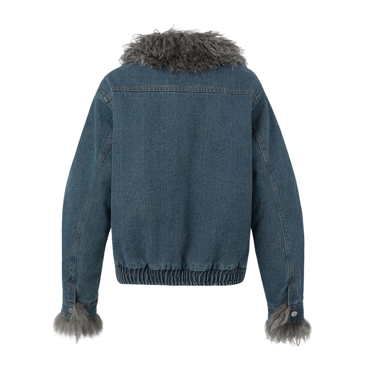 Back of a blue washed denim jacket with a gray shaggy fur-style collar and cuffs, yoke seam and elastic hem