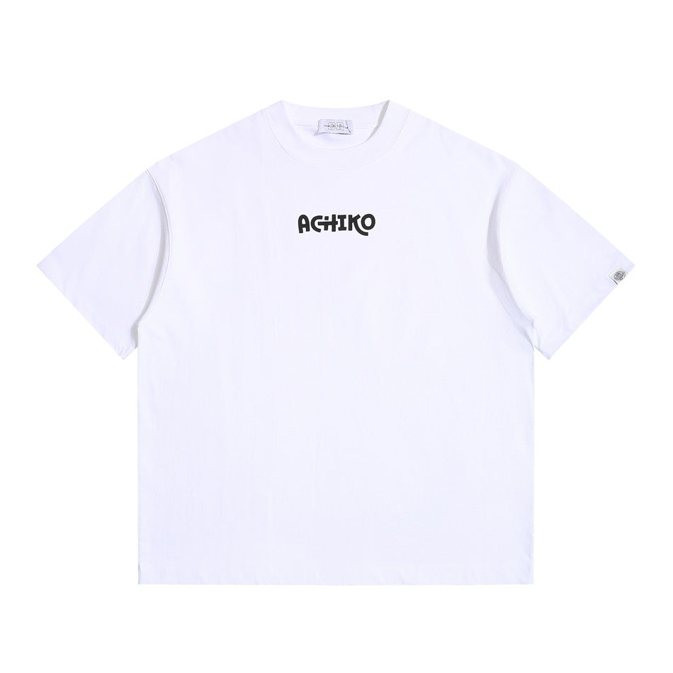 White short-sleeve crew-neck T-shirt with black logo print at center chest, flat front view