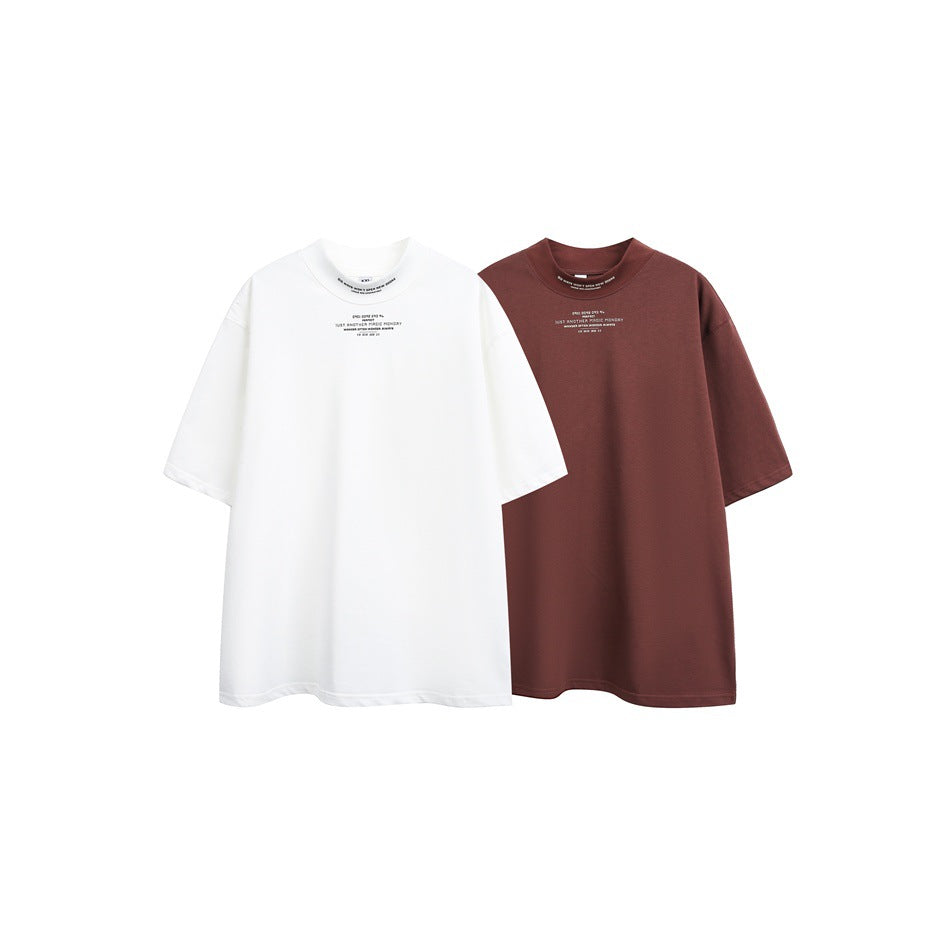 White and burgundy short-sleeve T-shirts with small chest text displayed side by side.