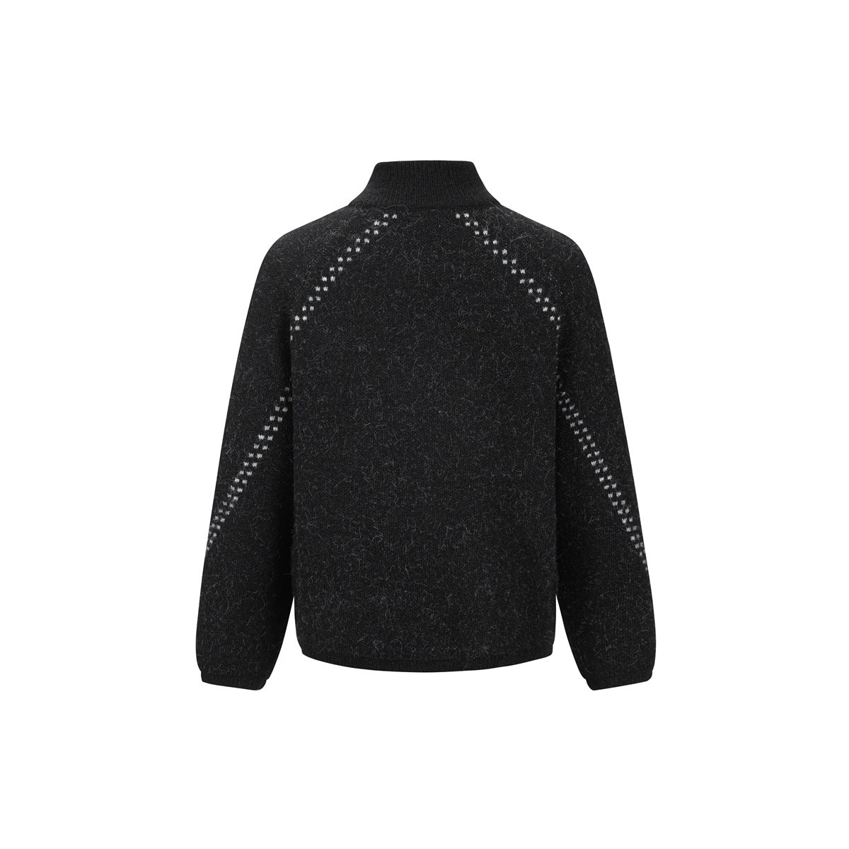 Back view of a black zip-up knit cardigan with a stand collar and light dotted accents along the shoulders and sleeves.