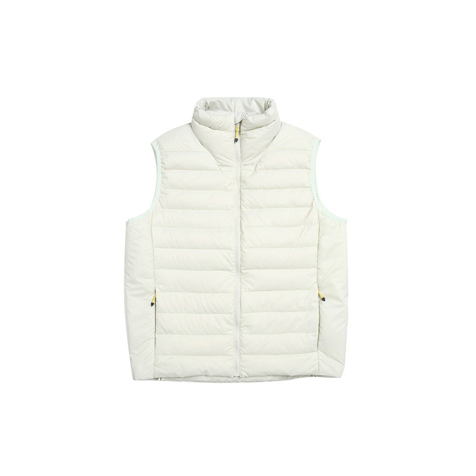 White-green quilted puffer vest with stand collar and front zipper, flat front view