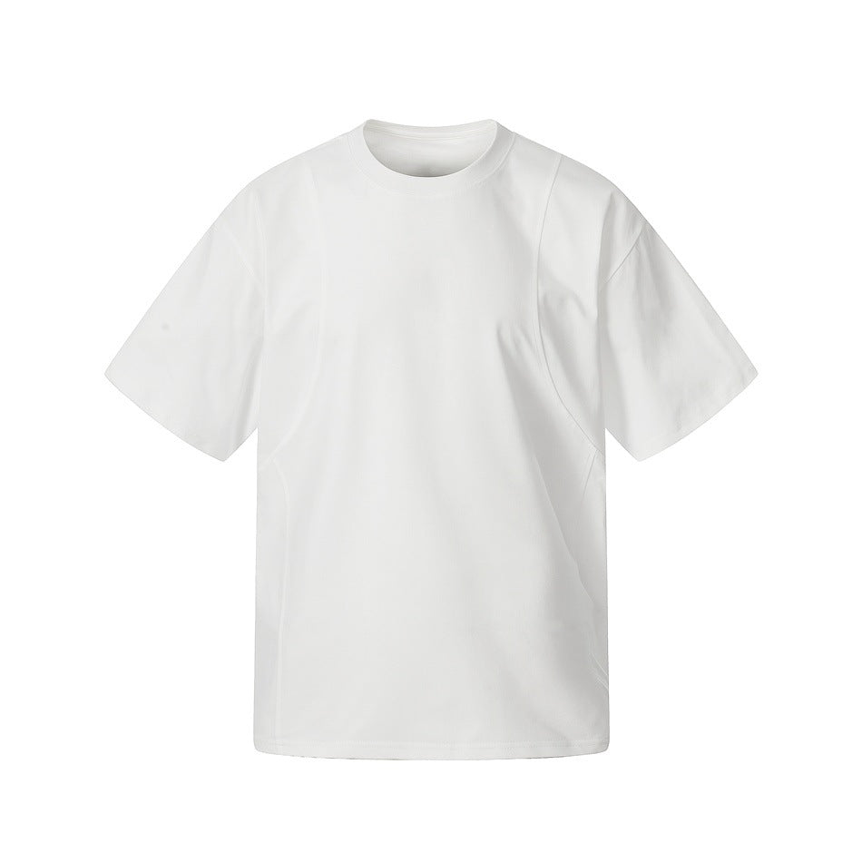 White short-sleeve crew-neck T-shirt shown from the front, with curved seam details across the shoulders and sides.