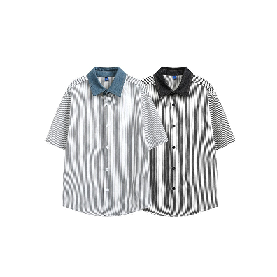 Two short-sleeve button-up shirts shown from the front: white with fine gray stripes and a blue collar, and white with black