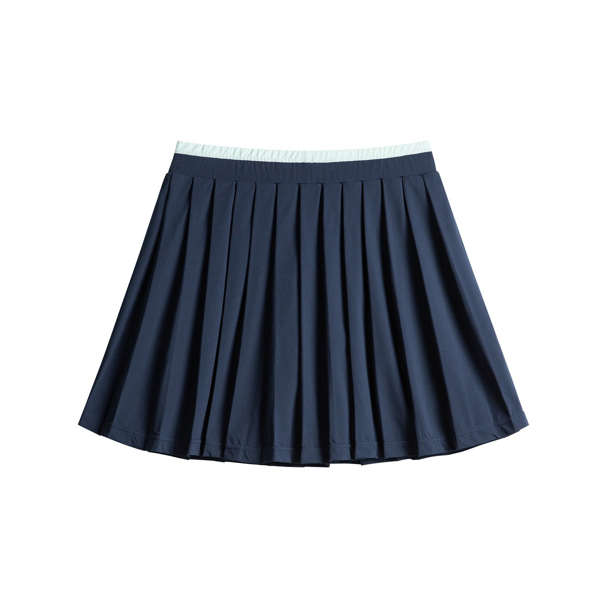 Navy pleated skirt with a wide waistband and pale mint trim, shown against a white background.