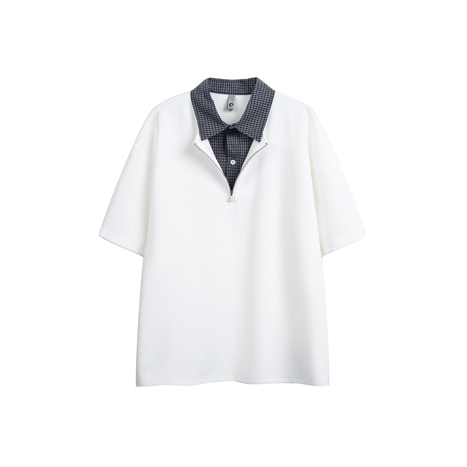 White half-zip short-sleeve top with navy check faux shirt collar and placket, flat front view
