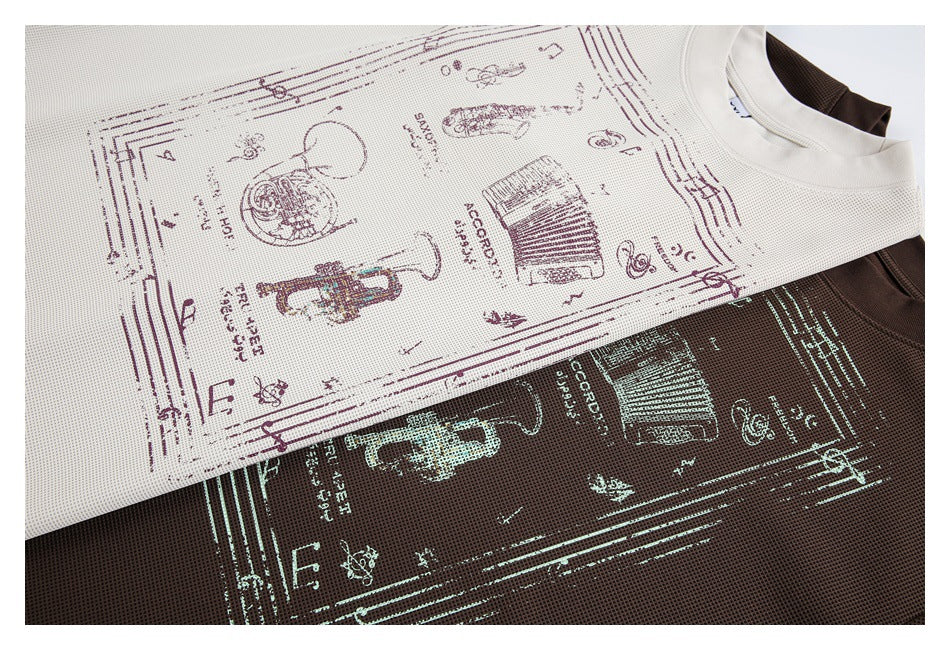 Off-white and brown short-sleeve T-shirts with contrasting illustrated front graphics, arranged together.