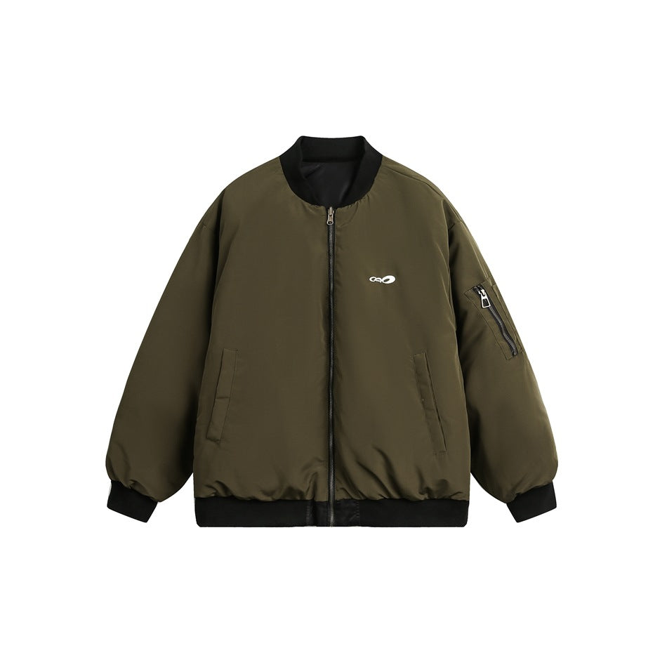 Army green bomber jacket with black ribbed collar, cuffs and hem, front zipper, sleeve zip pocket and small white chest logo