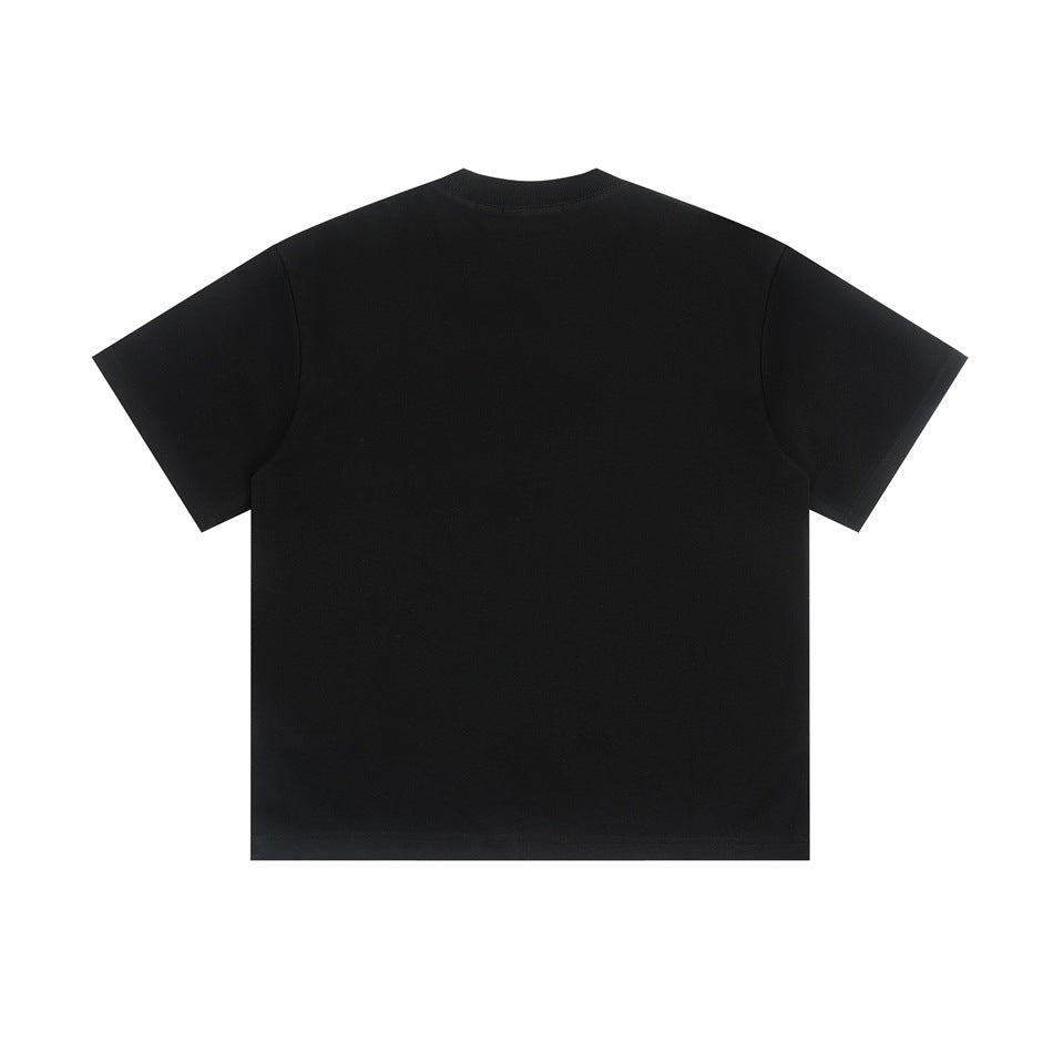 Back view of black short-sleeve crewneck T-shirt flat lay with plain back and ribbed collar