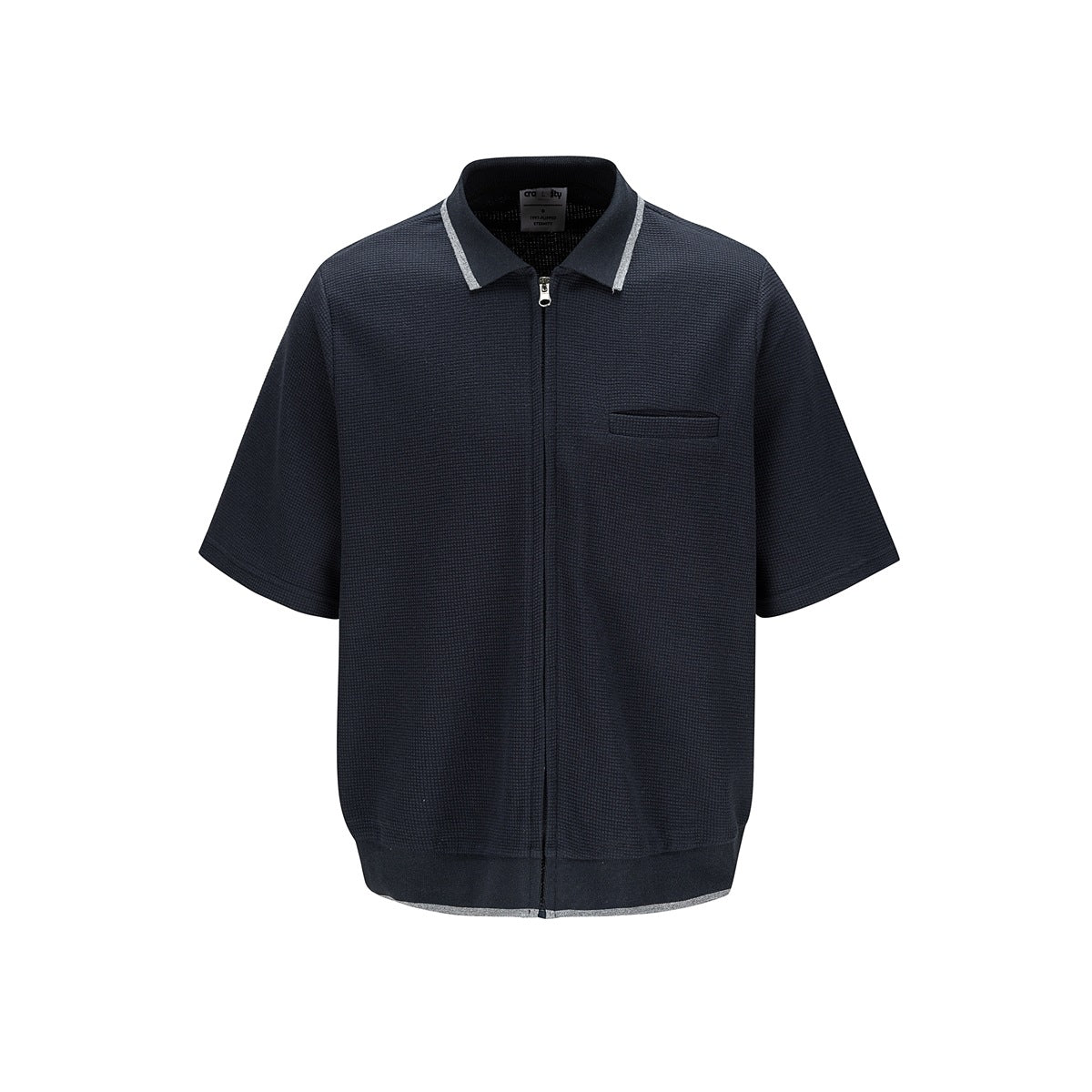 Navy short-sleeve zip-front knit shirt with gray collar and hem trim and a chest pocket