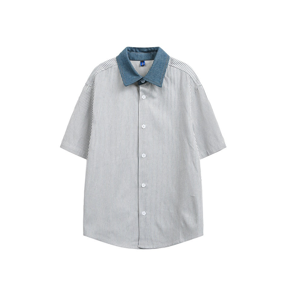 Blue-gray striped short-sleeve button-up shirt with blue denim-look collar and white buttons, flat front view