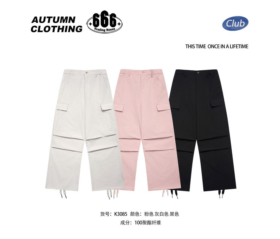 Off-white, pink and black cargo pants side by side, with a text line listing 100% polyester fiber