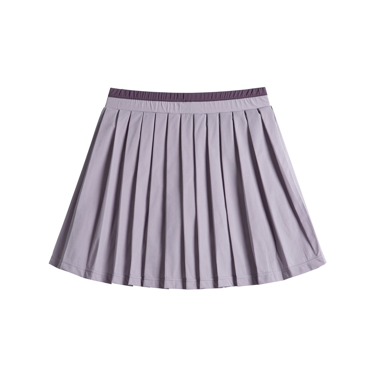 Light lavender pleated skirt with a wide waistband and dark plum trim, shown against a white background.