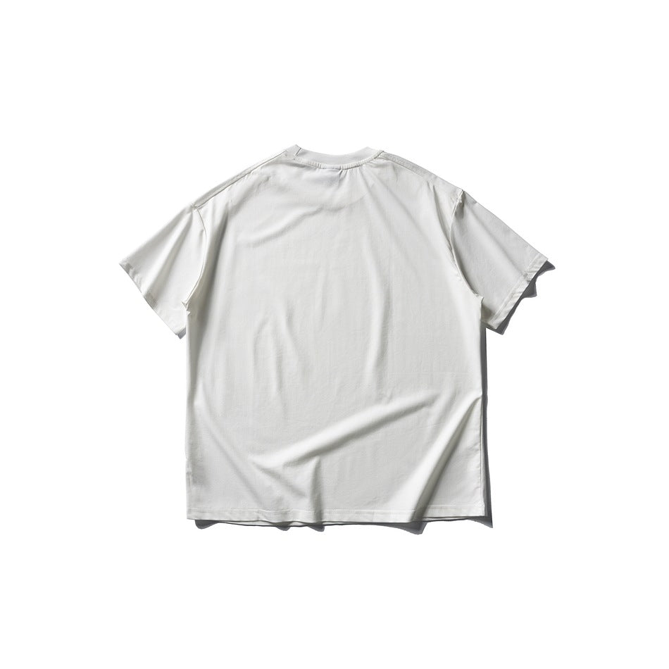 Back view of a plain white short-sleeve crew-neck T-shirt with shoulder seams.