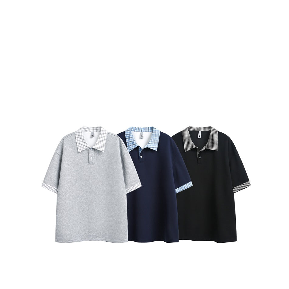 Three short-sleeve polos shown together in heather gray, navy, and black, each with checked collar and cuffs.
