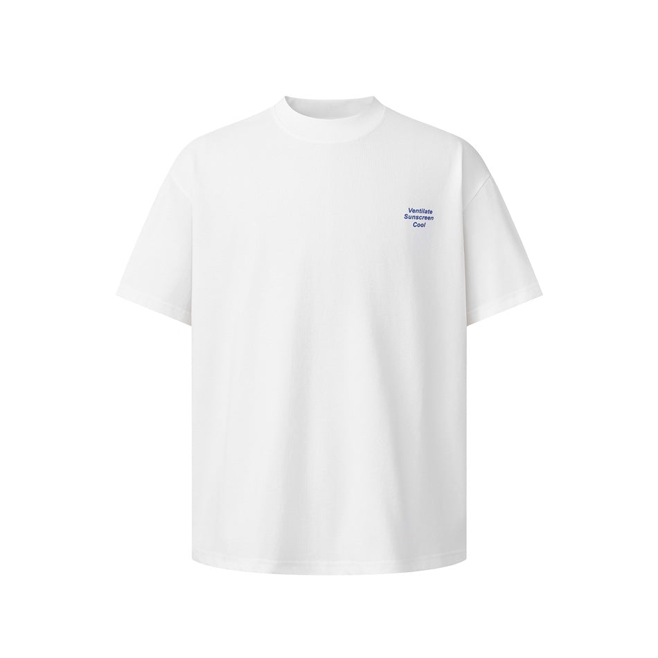 White short-sleeve crew-neck T-shirt front with small blue text print on the left chest