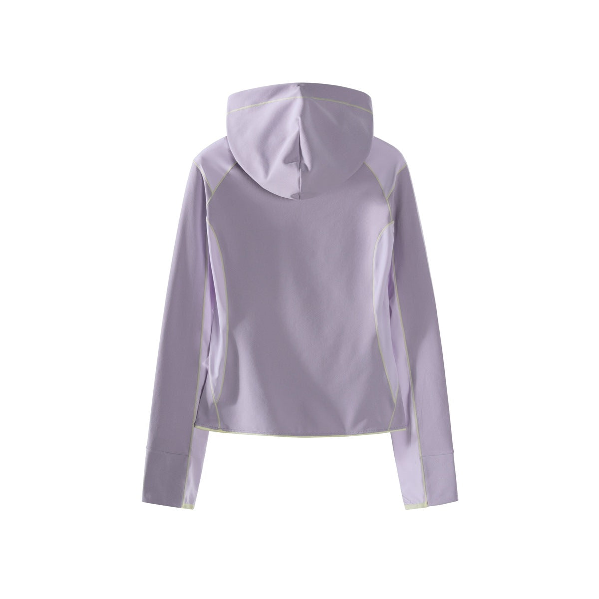 Back view of a lavender hooded top with pale side panels and light contrast piping, shown flat against white.