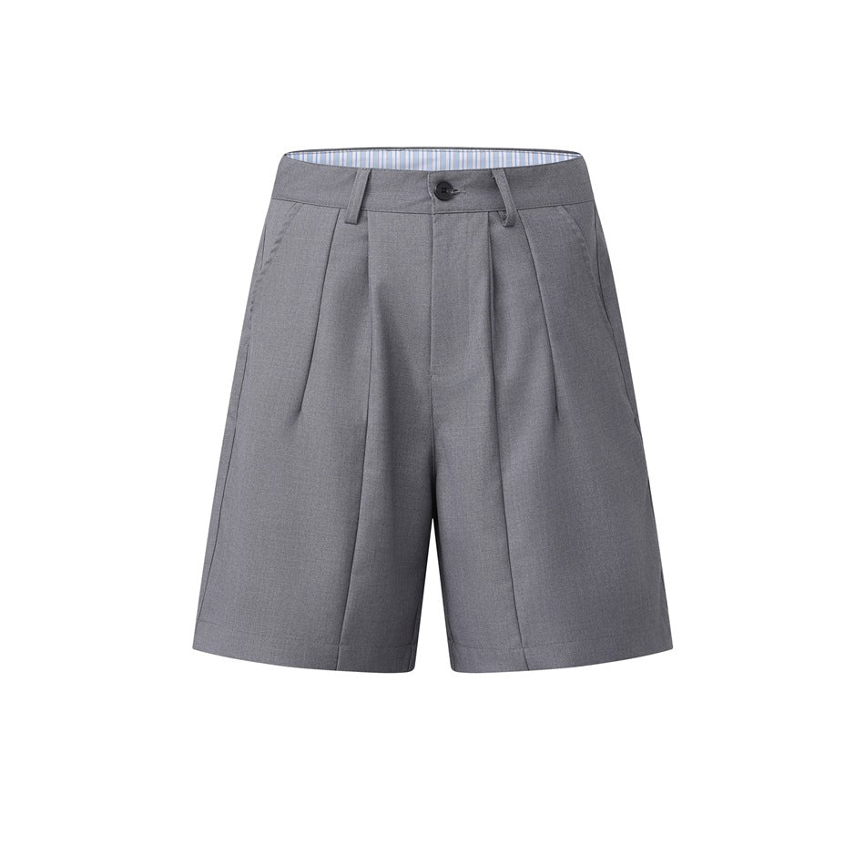 Gray pleated knee-length shorts flat front view with button waistband and striped inner waistband