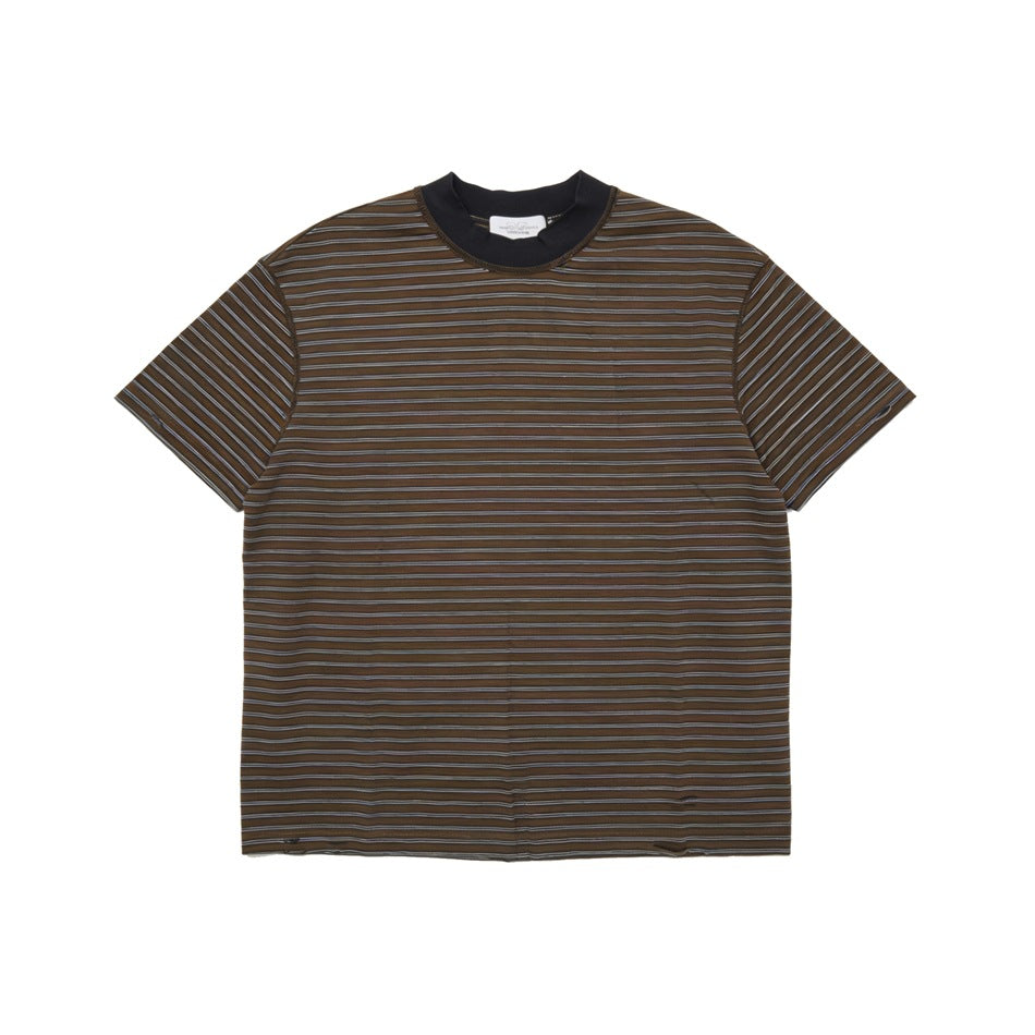 Brown striped T-shirt with black contrast crew collar and small distressed holes at the hem, flat lay front view