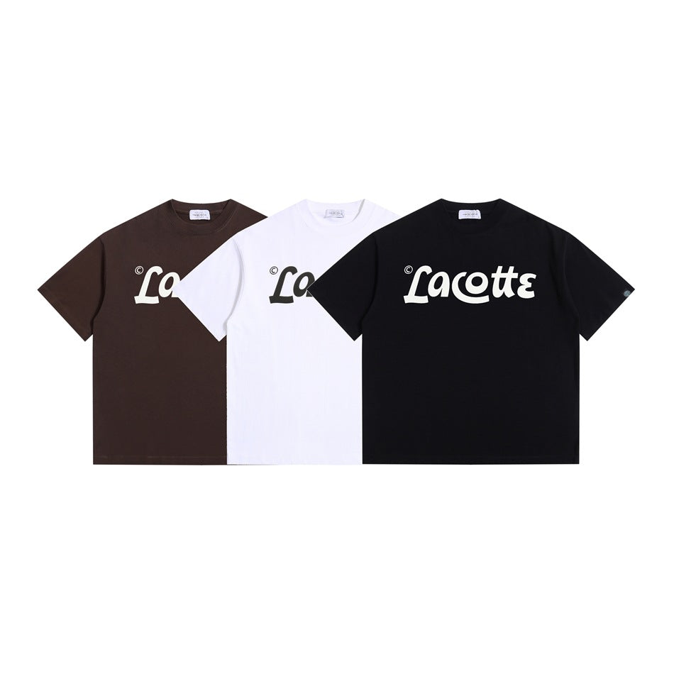 Three front-facing graphic T-shirts in dark brown, white, and black, each with a large contrasting chest logo.