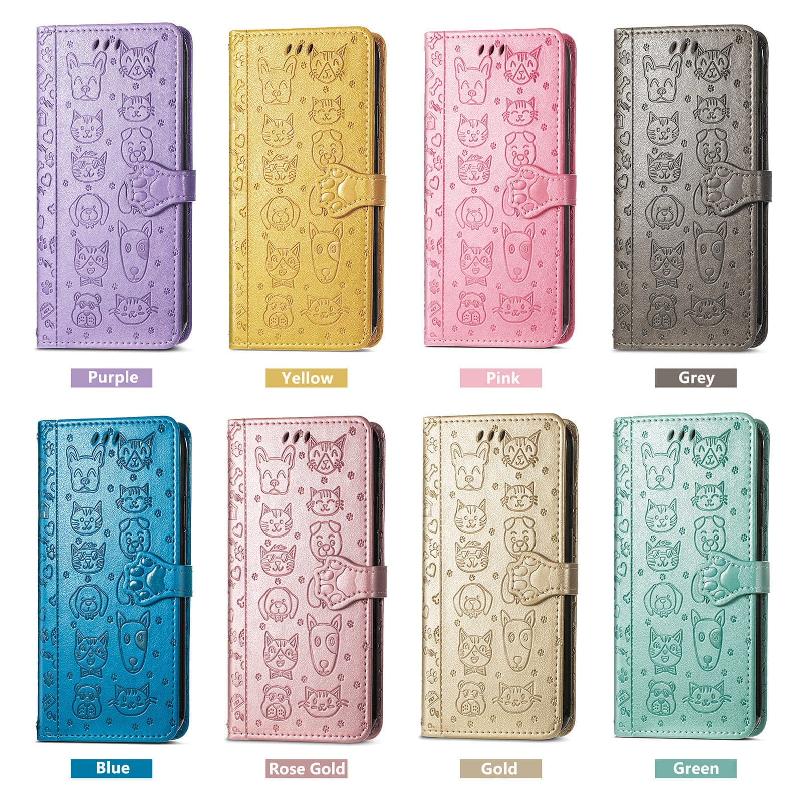 Image of eight iPhone 16 Pro Max Wallet Cases with Cute Cat and Dog Embossed Designs in various colors (purple, yellow, pink, grey, blue, rose gold, gold, green), each featuring a PU Leather Flip Cover with Card Slots and Stand.