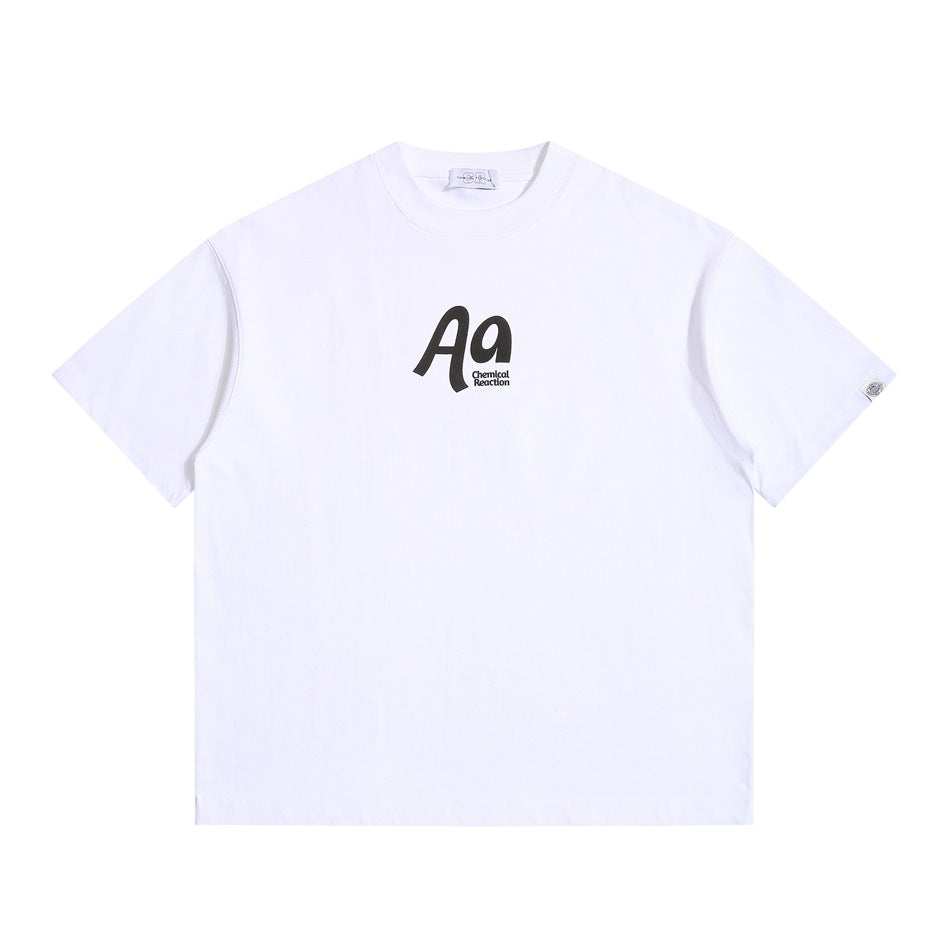 White short-sleeve crew-neck T-shirt with black 'Aa Chemical Reaction' chest graphic, flat front view