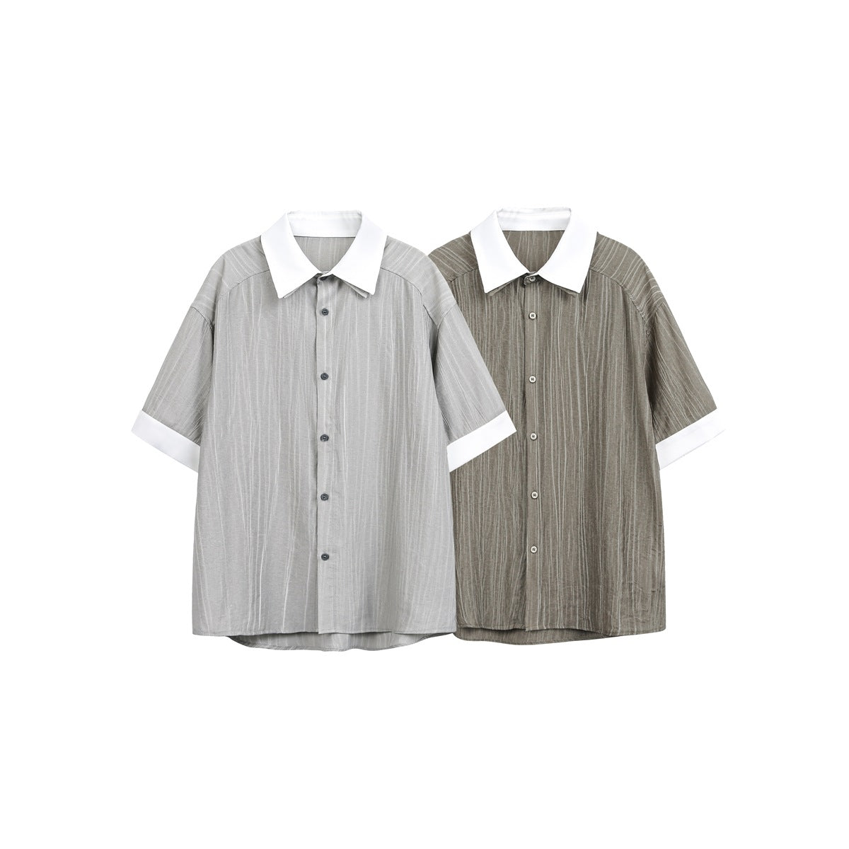Two short-sleeve striped button-up shirts shown from the front in light gray and brown-gray, with white collars and cuffs.