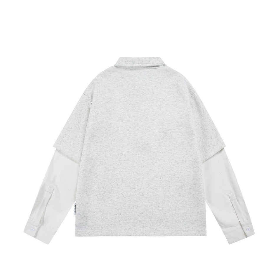Back view of light heather gray layered sweatshirt with white long sleeves, polo collar and buttoned cuffs