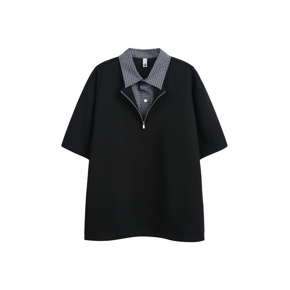 Black half-zip short-sleeve top with navy check faux shirt collar and placket, flat front view