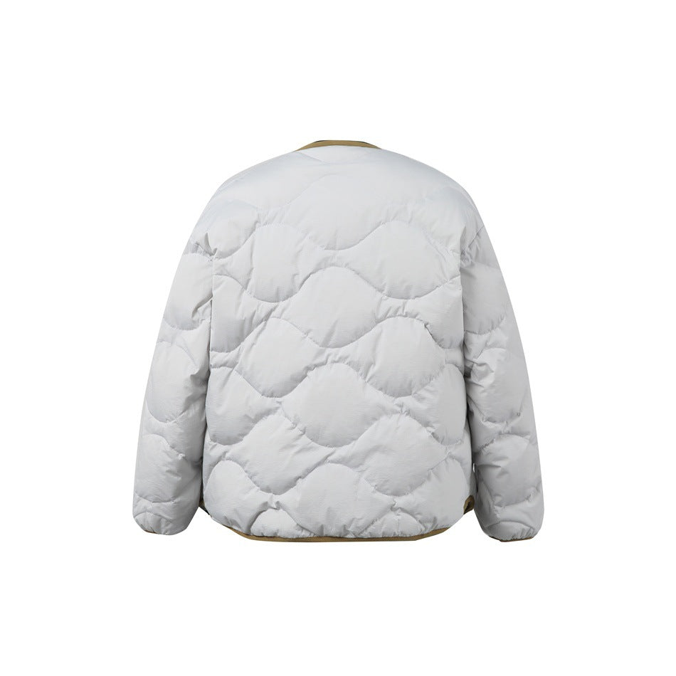 Back view of a light gray quilted jacket with wavy stitching and olive-brown trim at the collar and hem.